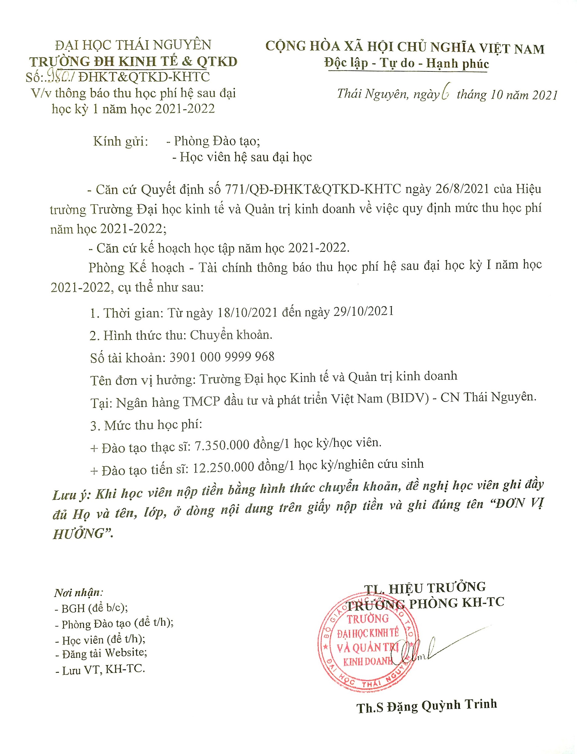 Thông báo thu học phí sau đại học kỳ 1-2021-2022